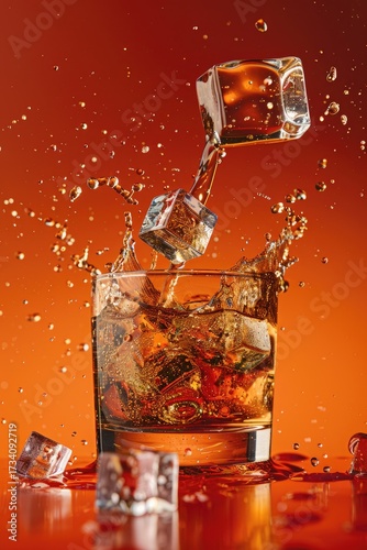 Amber liquid in a rocks glass with ice cubes splashing.  A vibrant orange background enhances the visual appeal