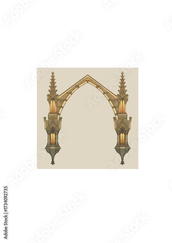 Medieval manuscript style rectangular frame. Gothic style pointed arch formed with flying buttresses.ai