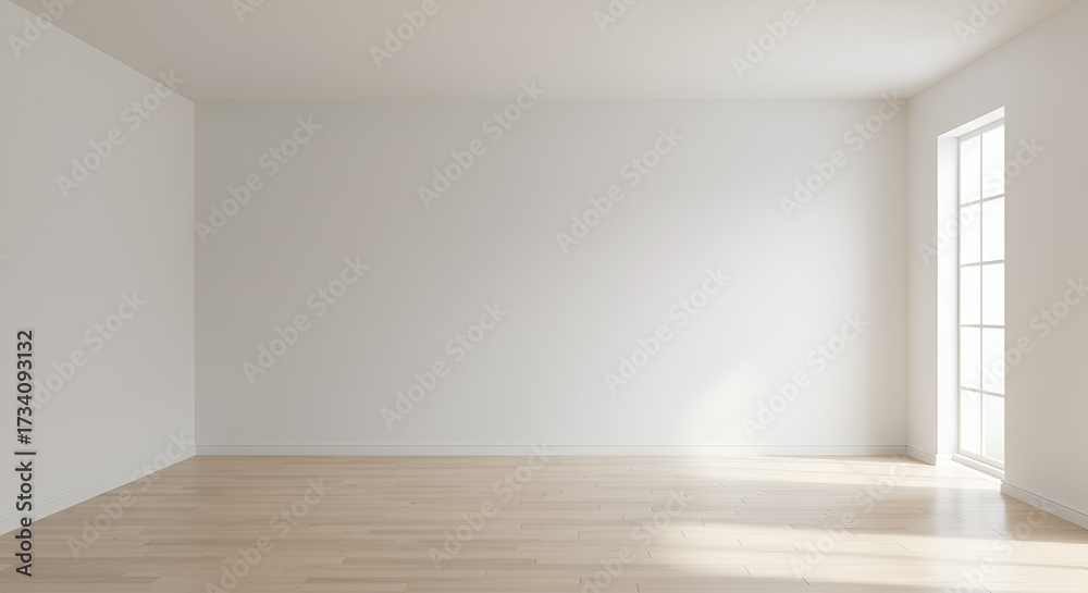 Fototapeta premium Bright, minimalist interior featuring an empty room with natural light shining through a window