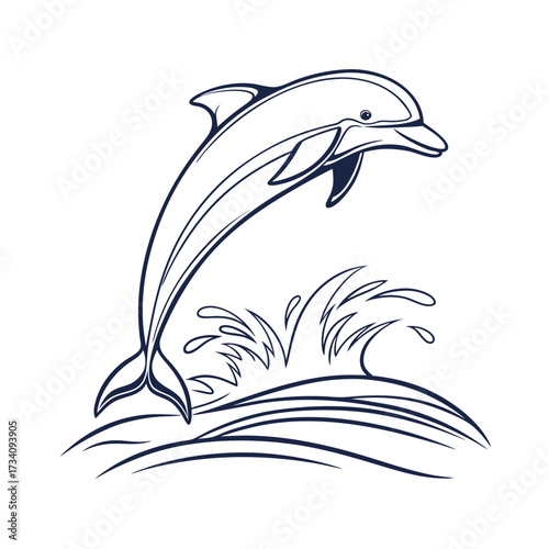 A black and white line drawing of a dolphin leaping joyfully out of ocean waves