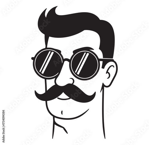 Stylish vector portrait of a hipster man with sunglasses and a classic moustache in monochrome
