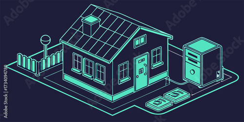 Solar energy off-grid system diagram showing house, inverter, panels, and components isolated vector.