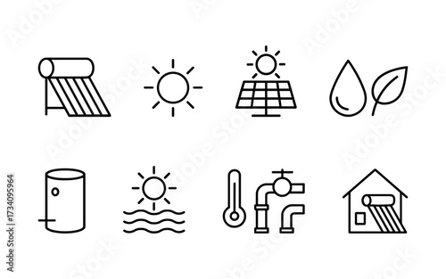 Collection of black line icons representing solar water heating systems, solar energy, temperature, sustainable technology, and eco-efficiency.