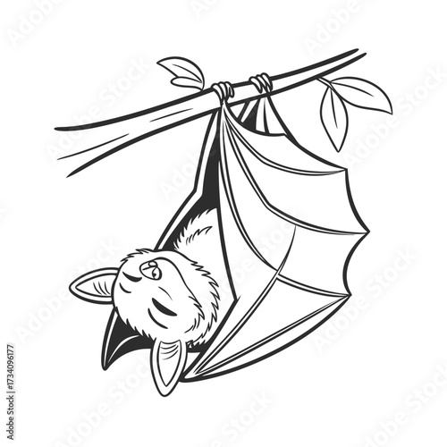 Adorable bat hanging upside down from a tree branch in a simple drawing