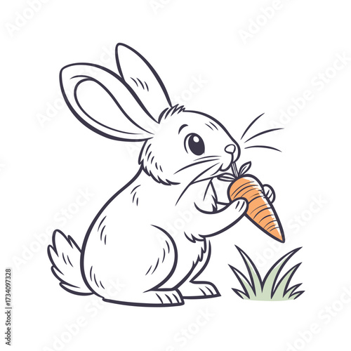 Adorable cartoon rabbit happily munching on a delicious orange carrot in a grassy field