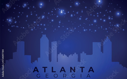 a stylized skyline of Atlanta, Georgia, depicted as a silhouette against a dark blue background with scattered white stars, creating a night sky effect.