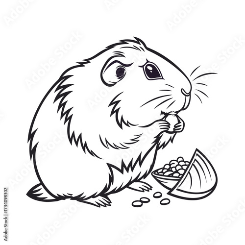 Charming line drawing of a fluffy guinea pig enjoying a meal of seeds