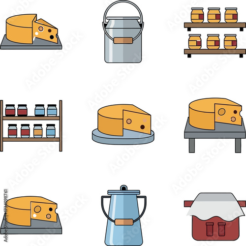 Dairy and Preserve Icons: Cheese, Milk Can, Jars on Shelves