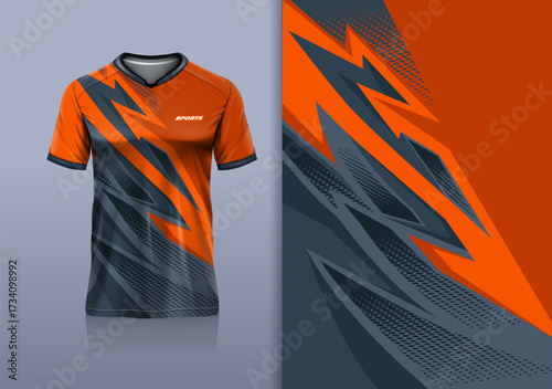 T-shirt mockup with abstract flash lines sport jersey design for football, soccer, racing, esports, running, in gray orange color