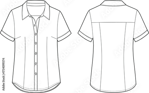 Technical Flat Shirt Illustration Showing Front and Back Views with Button Placket, Cuffed Sleeves, Yoke, and Seam Details for Apparel Design