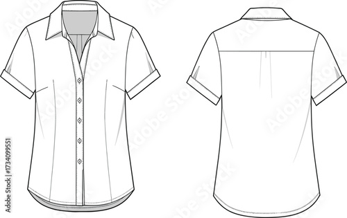 Technical Flat Shirt Illustration Showing Front and Back Views with Button Placket, Cuffed Sleeves, Yoke, and Pleat for Apparel Design