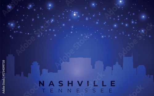 silhouette of the city against the backdrop of the starry night sky. In the foreground, you can see the outline of skyscrapers representing the skyline of Nashville, Tennessee.