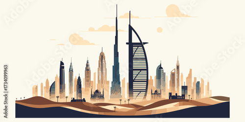Dubai Cityscape A Vector Illustration of Modern Skyscrapers Amidst the Desert Landscape
