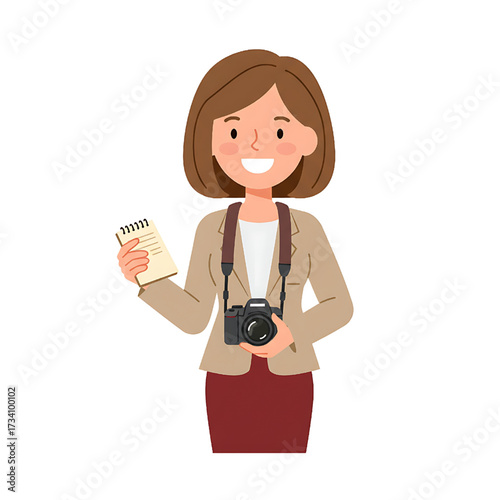 Smiling Female Journalist Photographer with Camera and Notepad Illustration