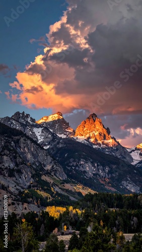 Mountain sunset view with colorful clouds