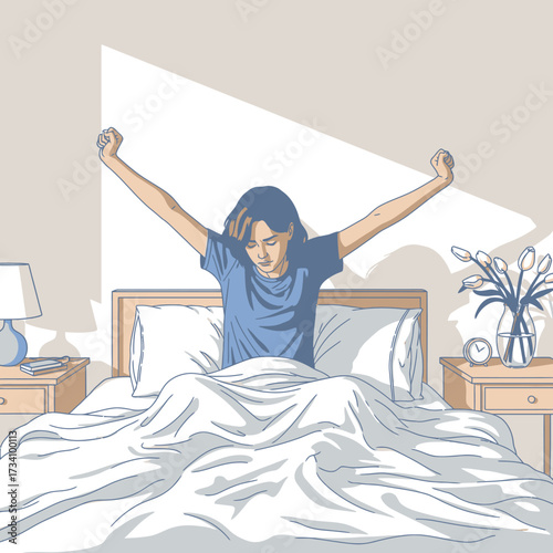 woman waking up from bed in a bedroom