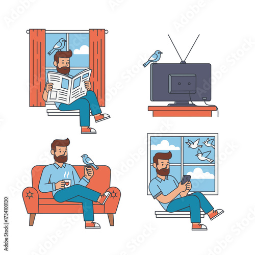 Cartoon Vector of a Father Working on Laptop at Home Office