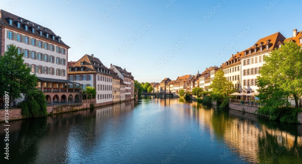 Naklejka premium European city canal scene at dawn. Buildings line a tranquil canal, reflecting a clear sky