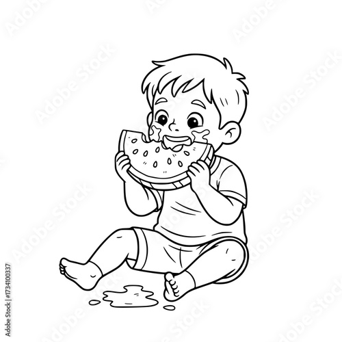 Cute boy eating watermelon outline illustration