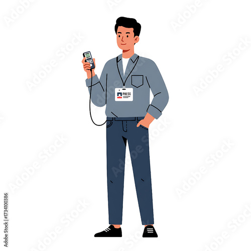 Young Man Reporter Holding Voice Recorder for Interview Professional Journalist
