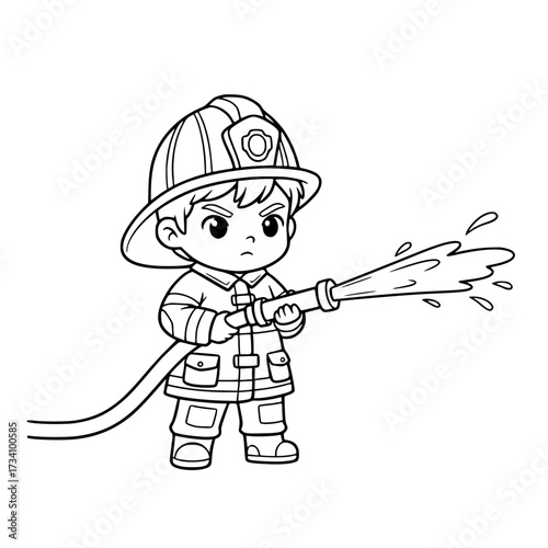 Cute boy firefighter water hose outline illustration