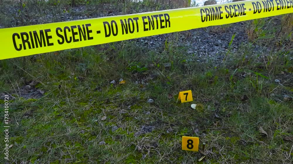 Yellow colored police line invstigation forensic crime scene tape in front of a grassy and gravel area where police crime markers are placed next to bullets and cryptocurrency Bitcoin coins, day time.