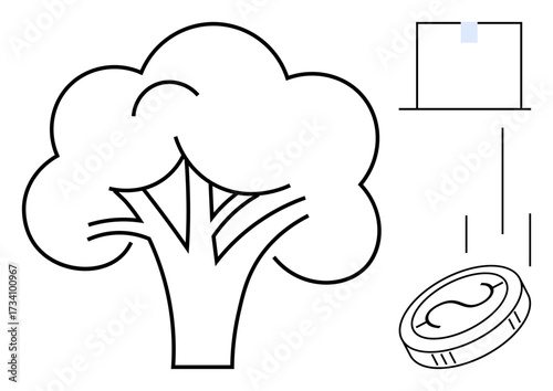 Tree, coin dropping into slot, eco sustainably connected. Ideal for finance, ecology, investment, green energy, economy charity and innovation. Simple flat metaphor