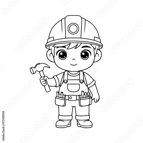 Cute child construction worker hammer tool circle icons outline illustration