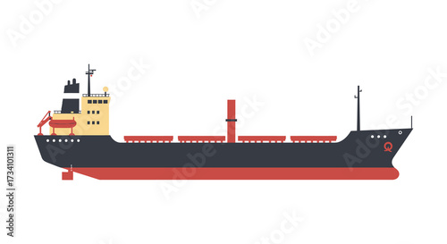 Flat design illustration of a cargo ship against a white background silhouette