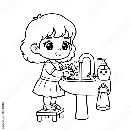 Cute girl washing hands outline illustration
