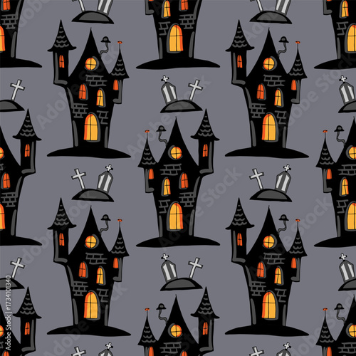 Spooky houses and graves, Halloween seamless pattern. Vector hand drawn illustration.