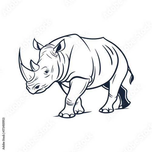 Detailed line drawing of a majestic rhinoceros standing proudly