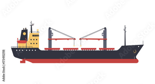 Stylized cargo ship illustration with red hull and dark superstructure silhouette
