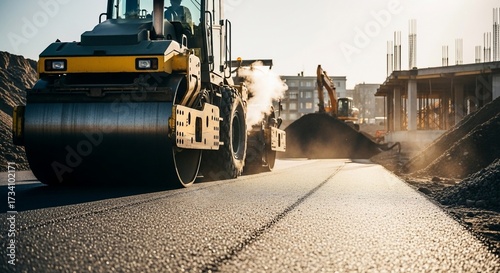 Road roller compacting asphalt on a construction site.