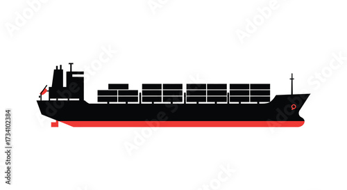 Large cargo ship with stacked containers sailing on red water silhouette