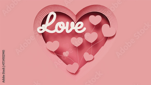 A 3D paper cutout style illustration of a heart-shaped frame with a pink gradient background.  (2)_traced