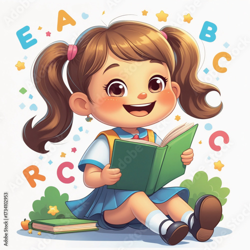 An adorable cartoon schoolgirl sitting and reading a book 