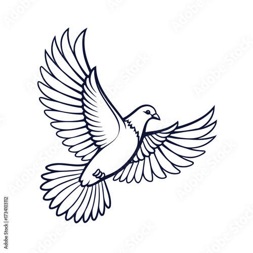Elegant outline drawing of a dove in flight with outstretched wings