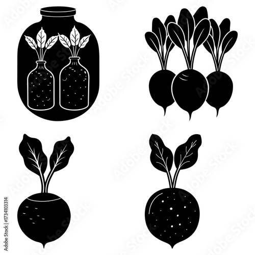 Black and white vector image of beets and plants in vases inside a jar in a simple graphic style
