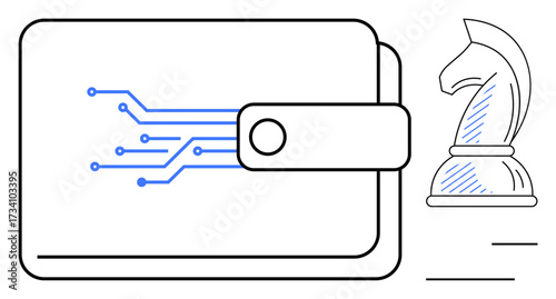Wallet with digital circuitry and chess knight piece representing finance, technology, security, strategy, innovation, decision-making, and blockchain. Ideal for fintech applications, flat simple