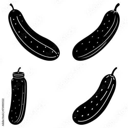 Illustration of four black and white cucumbers, three whole and one pickled in a jar, on a white background