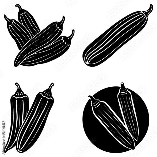 Illustration of several black and white okra pods in different arrangements and orientations on white background