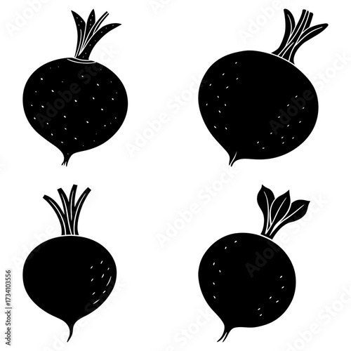 Four black and white drawings of beets with varying stem and root styles arranged in a square pattern