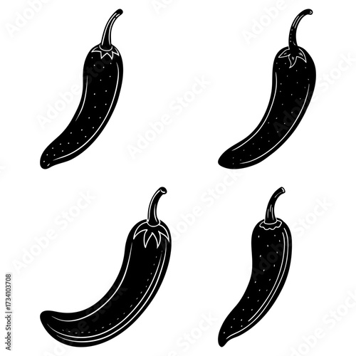 Illustration of four black chili peppers with stems and varying curves on a white background design element