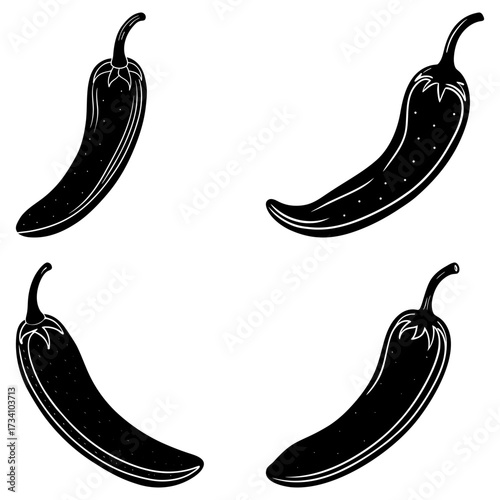 Four black and white chili peppers arranged in a square pattern on a white background illustration