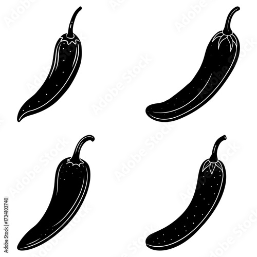 Four black and white stylized chili peppers with stems pointing in different directions are shown