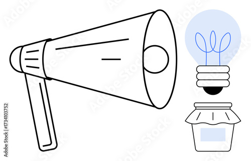 Megaphone representing communication, lightbulb symbolizing innovation, and jar suggesting preservation. Ideal for messaging, creativity, brainstorming, marketing, innovation branding ideas. Simple