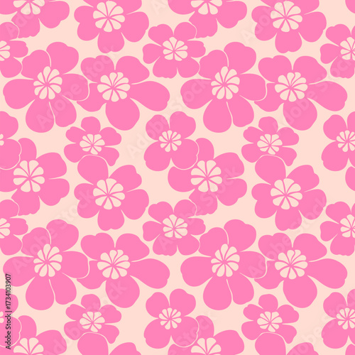 Cute funky floral vector seamless pattern. Simple hot pink and beige background texture with bold flowers. Retro vintage inspired design. Trendy abstract girlish childish pattern. Repeating design