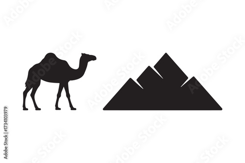 Silhouette of a camel and egyptian pyramids on a white background