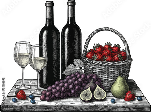 Red wine bottle and glass with grapes and cheese still life on a wooden table